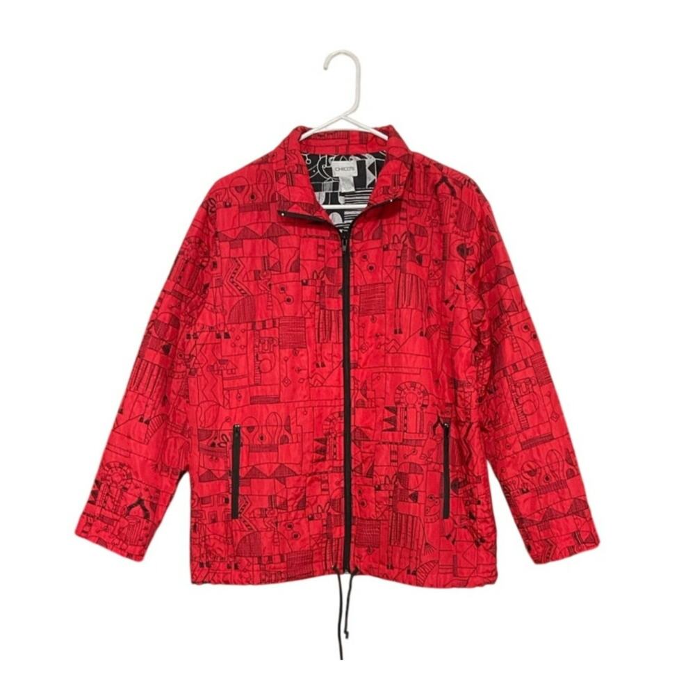 VTG 90s Chicos Red Silk Embroidered Jacket Sz Medium Animal Geometric Drawstring